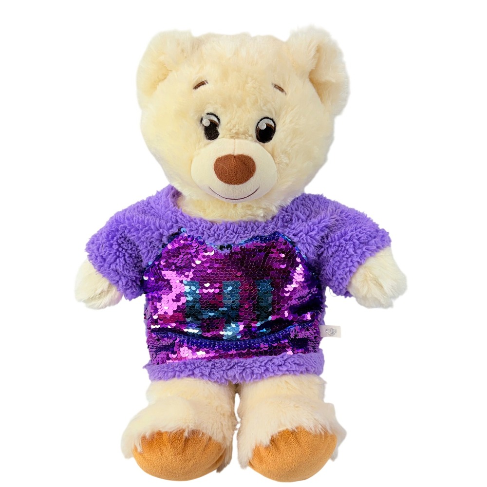 Build-A-Bear Workshop Cream Teddy Bear 15" Purple Flip Sequin "Hi/Bye" Shirt